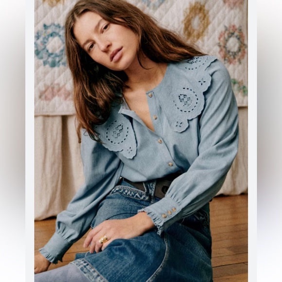 Tops - Blue Eyelet Detail Women's Top